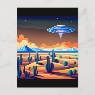 Vliegende schotel over woestijnlandschap briefkaart
