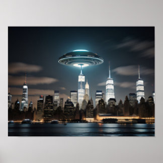 Vliegende schotel UFO over een stad Poster