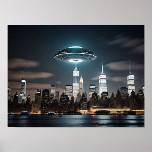 Vliegende schotel UFO over een stad Poster (Voorkant)
