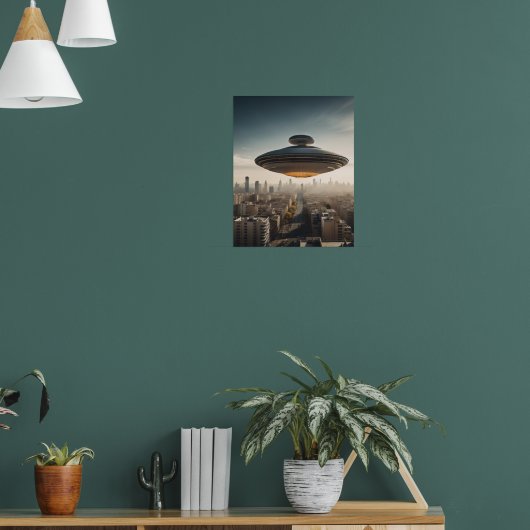 Vliegende schotel UFO over stad Poster (Woonkamer 1)