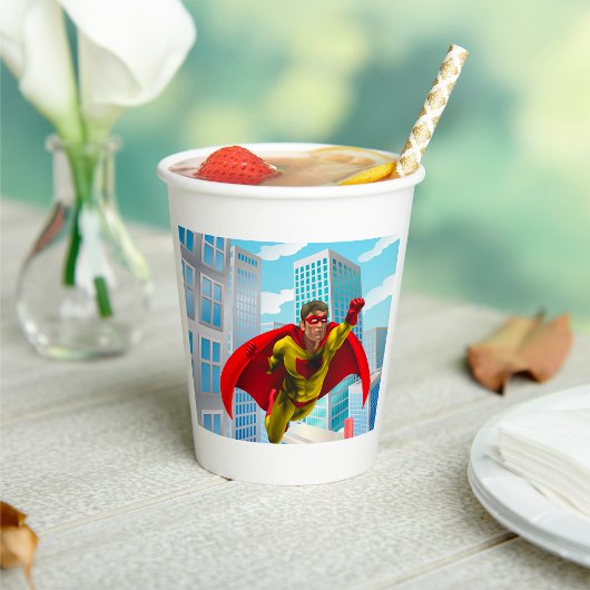 Vliegende superheld Comic Style Red en Yellow Hero Papieren Bekers