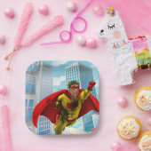 Vliegende superheld Comic Style Red en Yellow Hero Papieren Bordje (Feest)