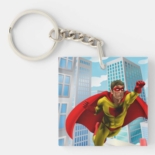 Vliegende superheld Comic Style Red en Yellow Hero Sleutelhanger (Voorkant)