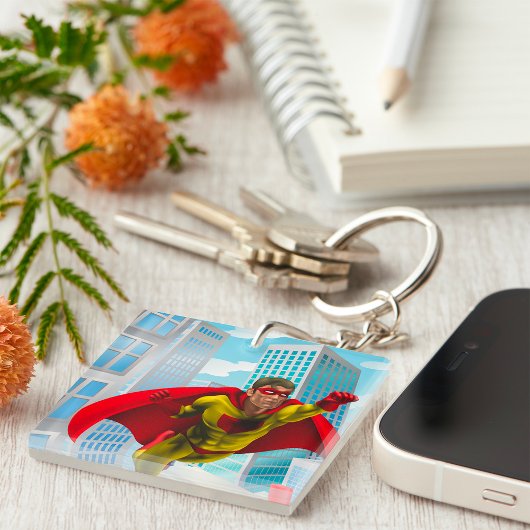 Vliegende superheld Comic Style Red en Yellow Hero Sleutelhanger