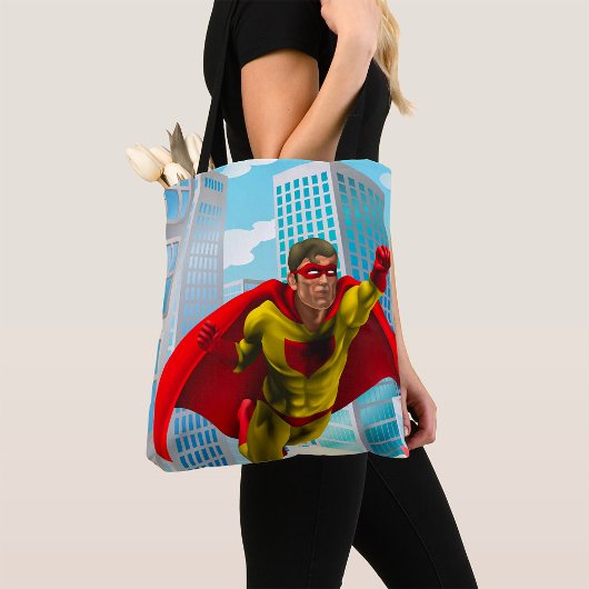 Vliegende superheld Comic Style Red en Yellow Hero Tote Bag