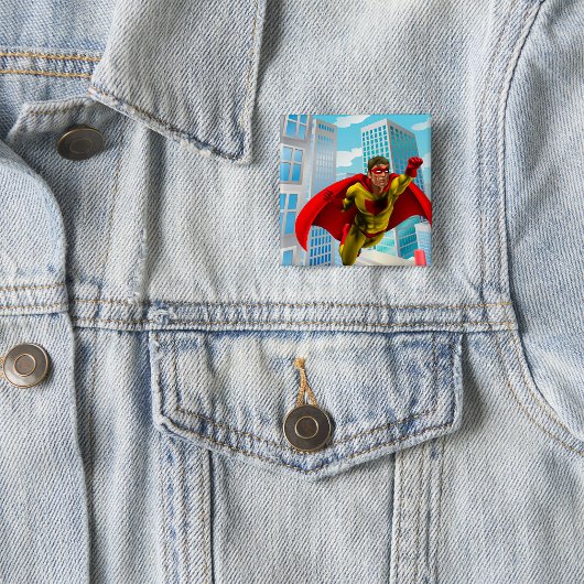 Vliegende superheld Comic Style Red en Yellow Hero Vierkante Button 5,1 Cm