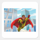 Vliegende superheld Comic Style Red en Yellow Hero Vierkante Sticker (Voorkant)