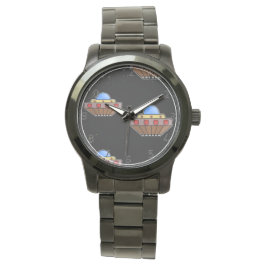 Vliegende ufo in de ruimte zwart horloge