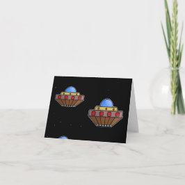 Vliegende ufo in de ruimte zwart kaart