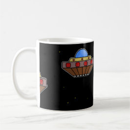 Vliegende ufo in de ruimte zwart koffiemok