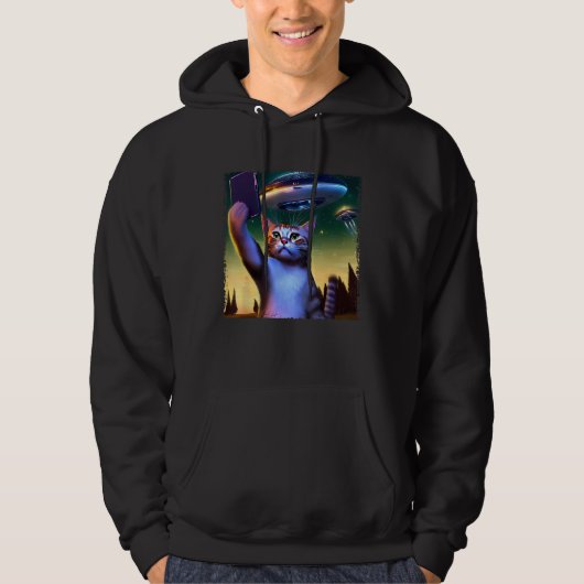 Vliegende UFO Kat Selfie Hoodie (Voorkant)