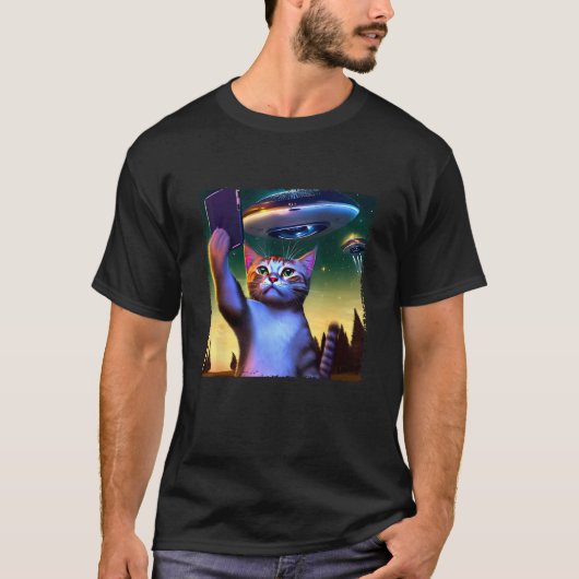 Vliegende Ufo Kat Selfie T-shirt (Voorkant)
