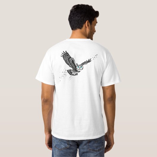 Vliegende Uil – Minimale inkt Dotwork T-shirt (Achterkant volledig)