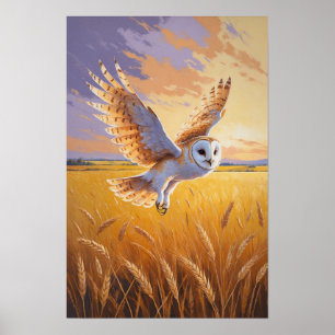 Vliegende Uil Over Gouden Veld Natuur Kunst Zonson Poster