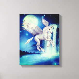 Vliegende Unicorn Waterfall Fantasy Horse Art Canvas Afdruk