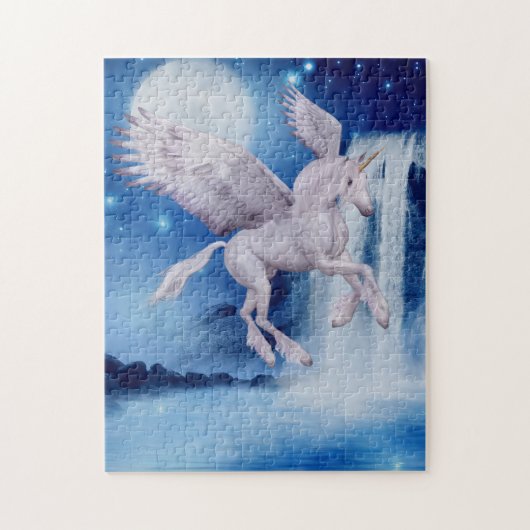 Vliegende Unicorn Waterfall Fantasy Horse Art Legpuzzel (Verticaal)