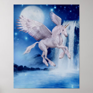 Vliegende Unicorn Waterfall Fantasy Horse Art Poster