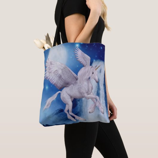 Vliegende Unicorn Waterfall Fantasy Horse Tote Bag (Dichtbij)