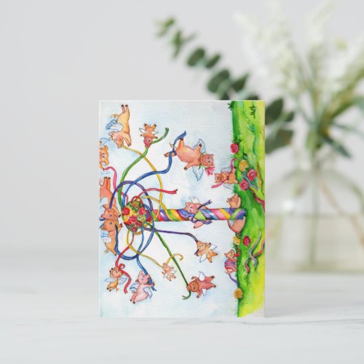 Vliegende varkens rond de Maypole Briefkaart (Staand voorkant)