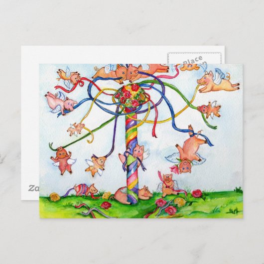 Vliegende varkens rond Maypole Briefkaart (Voorkant / Achterkant)