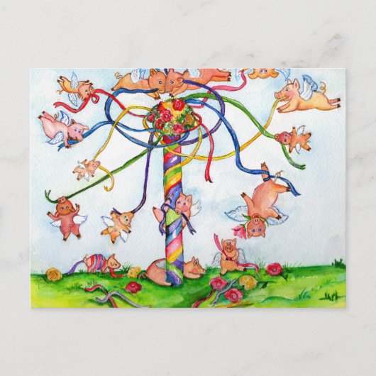 Vliegende varkens rond Maypole Briefkaart (Voorkant)