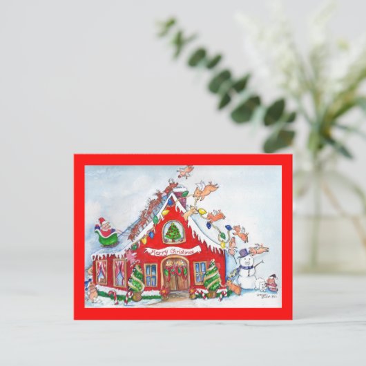 Vliegende varkens versieren het huis voor kerstpos feestdagenkaart (Staand voorkant)