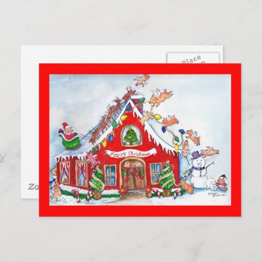 Vliegende varkens versieren het huis voor kerstpos feestdagenkaart (Voorkant / Achterkant)