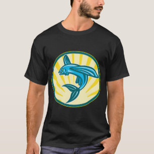 Vliegende Vis Springende Retro Houtsnede T-shirt
