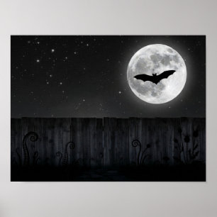 Vliegende Vleermuis Volle Maan Kunstprint - Griezi Poster