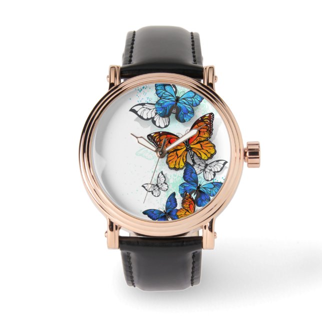 Vliegende Vlinders Morpho en Monarch Horloge (Voorkant)