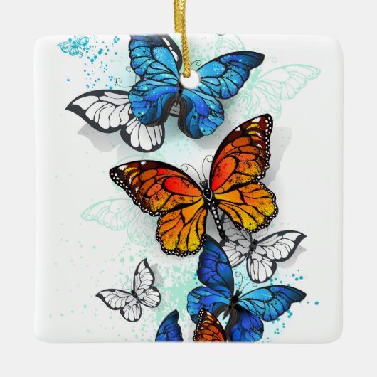Vliegende Vlinders Morpho en Monarch Keramisch Ornament (Voorkant)