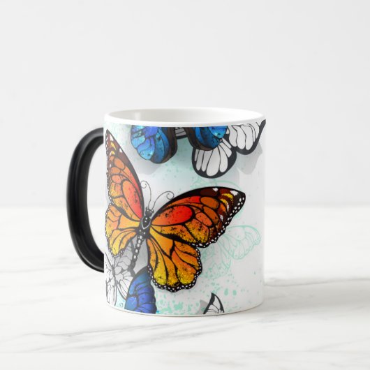 Vliegende Vlinders Morpho en Monarch Magische Mok (Voorkant links)