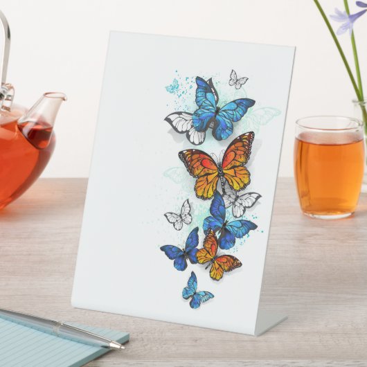 Vliegende Vlinders Morpho en Monarch Reclamebord Met Voetstuk (Insitu)