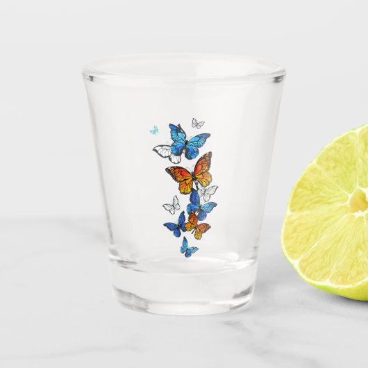 Vliegende Vlinders Morpho en Monarch Shot Glas (Voorkant)