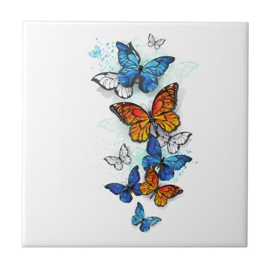 Vliegende Vlinders Morpho en Monarch Tegeltje (Voorkant)