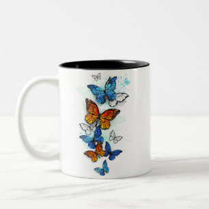 Vliegende Vlinders Morpho en Monarch Tweekleurige Koffiemok