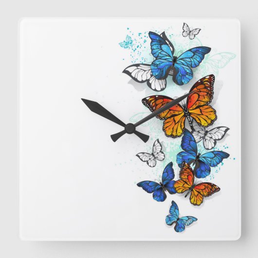 Vliegende Vlinders Morpho en Monarch Vierkante Klok (Voorkant)