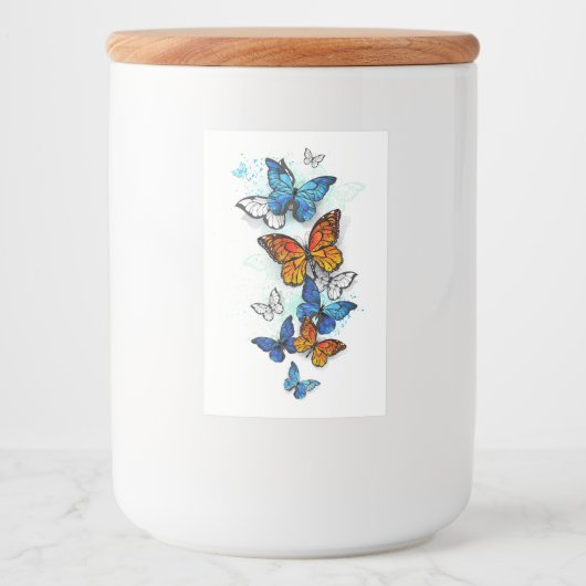 Vliegende vlinders Morpho en Monarch Voedselcontainer Etiket (Voorkant)