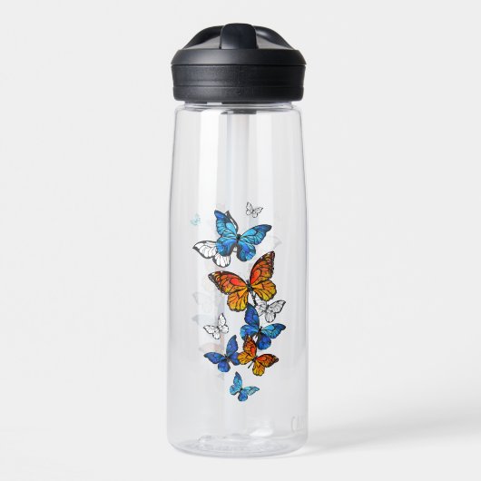 Vliegende Vlinders Morpho en Monarch Waterfles (Voorkant)
