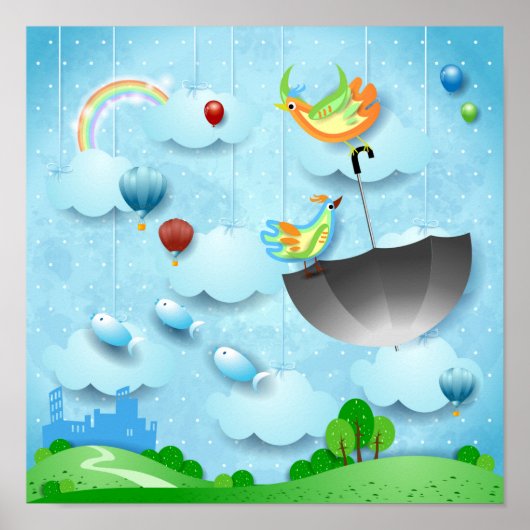 Vliegende vogels en paraplu over de stad poster (Voorkant)