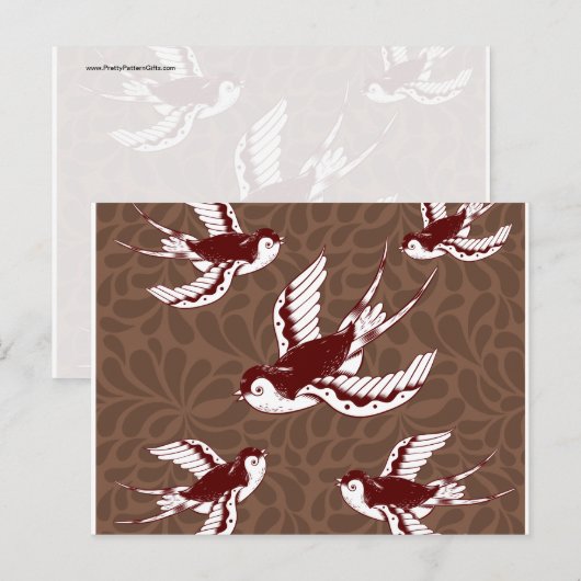 Vliegende vogels op het bruine Damasespatroon Briefkaart (Voorkant / Achterkant)