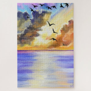 Vliegende vogels op Zee Sunset Puzzle - Schilderen Legpuzzel