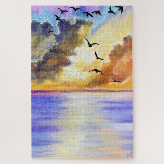 Vliegende vogels op Zee Sunset Puzzle - Schilderen Legpuzzel (Verticaal)