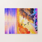 Vliegende vogels op Zee Sunset Puzzle - Waterverf  Legpuzzel (Horizontaal)