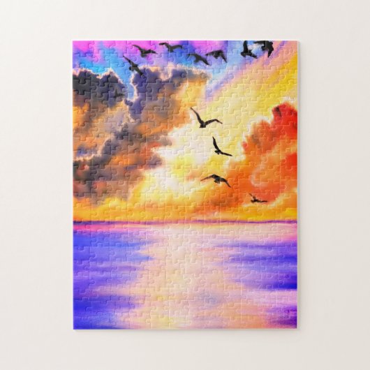 Vliegende vogels op Zee Sunset Puzzle - Waterverf  Legpuzzel (Verticaal)