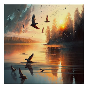 Vliegende vogels: zonsondergang Glossy Poster