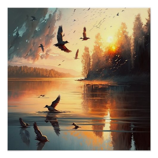 Vliegende vogels: zonsondergang Glossy Poster (Voorkant)