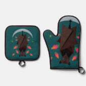 Vliegende vos Blauwgroen Ovenwant & Pannenlap Set (Voorkant)