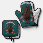 Vliegende vos Blauwgroen Ovenwant & Pannenlap Set (Voorkant / Achterkant)