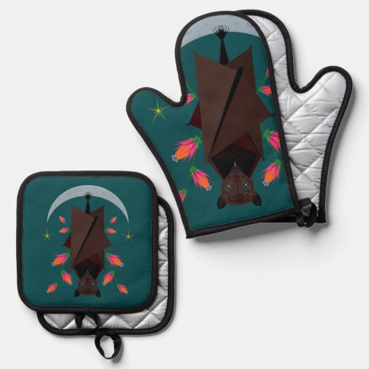 Vliegende vos Blauwgroen Ovenwant & Pannenlap Set (Voorkant / Achterkant)